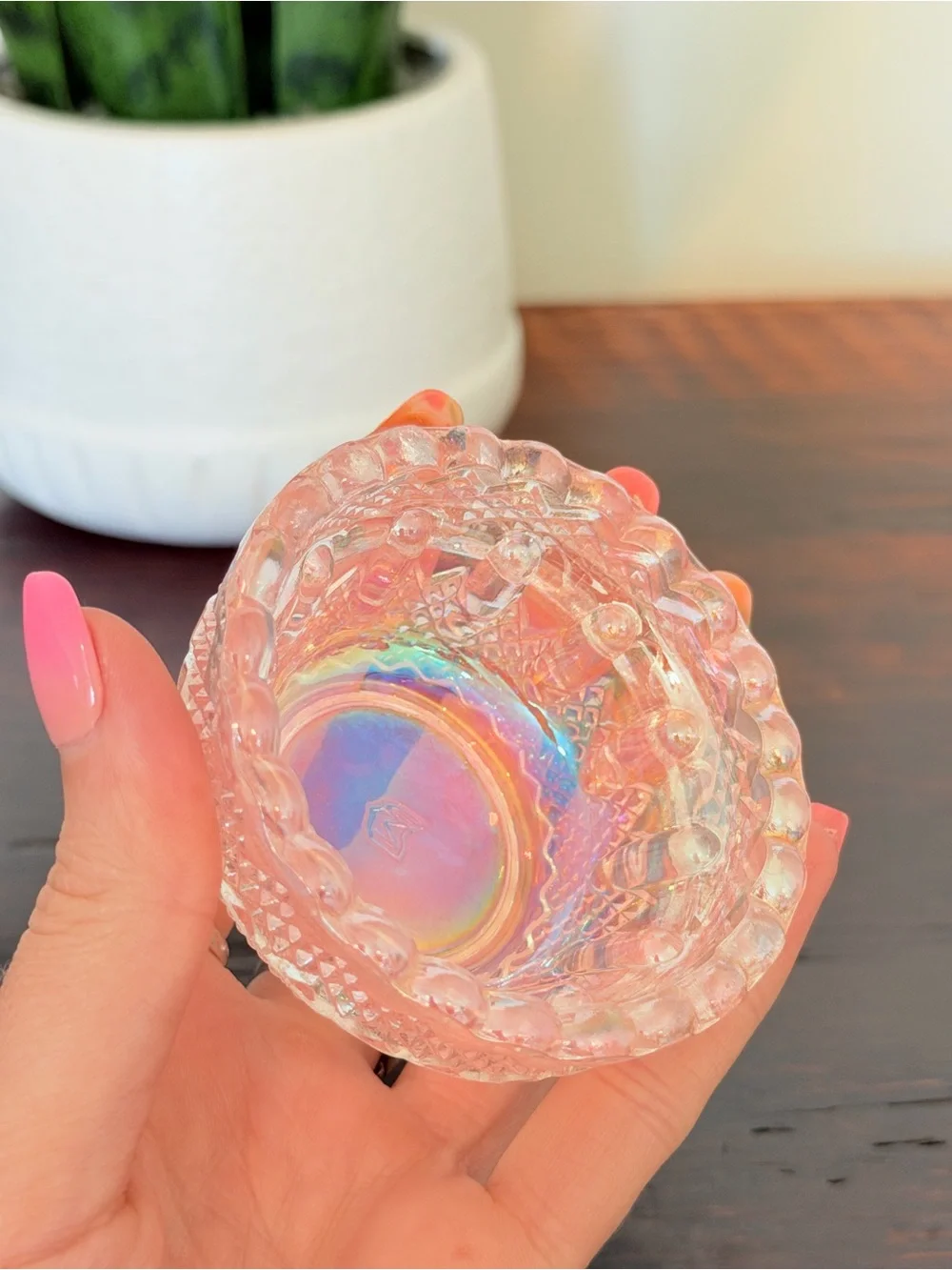 Vintage Salt Dip Pink Iridescent Glass by Mosser
